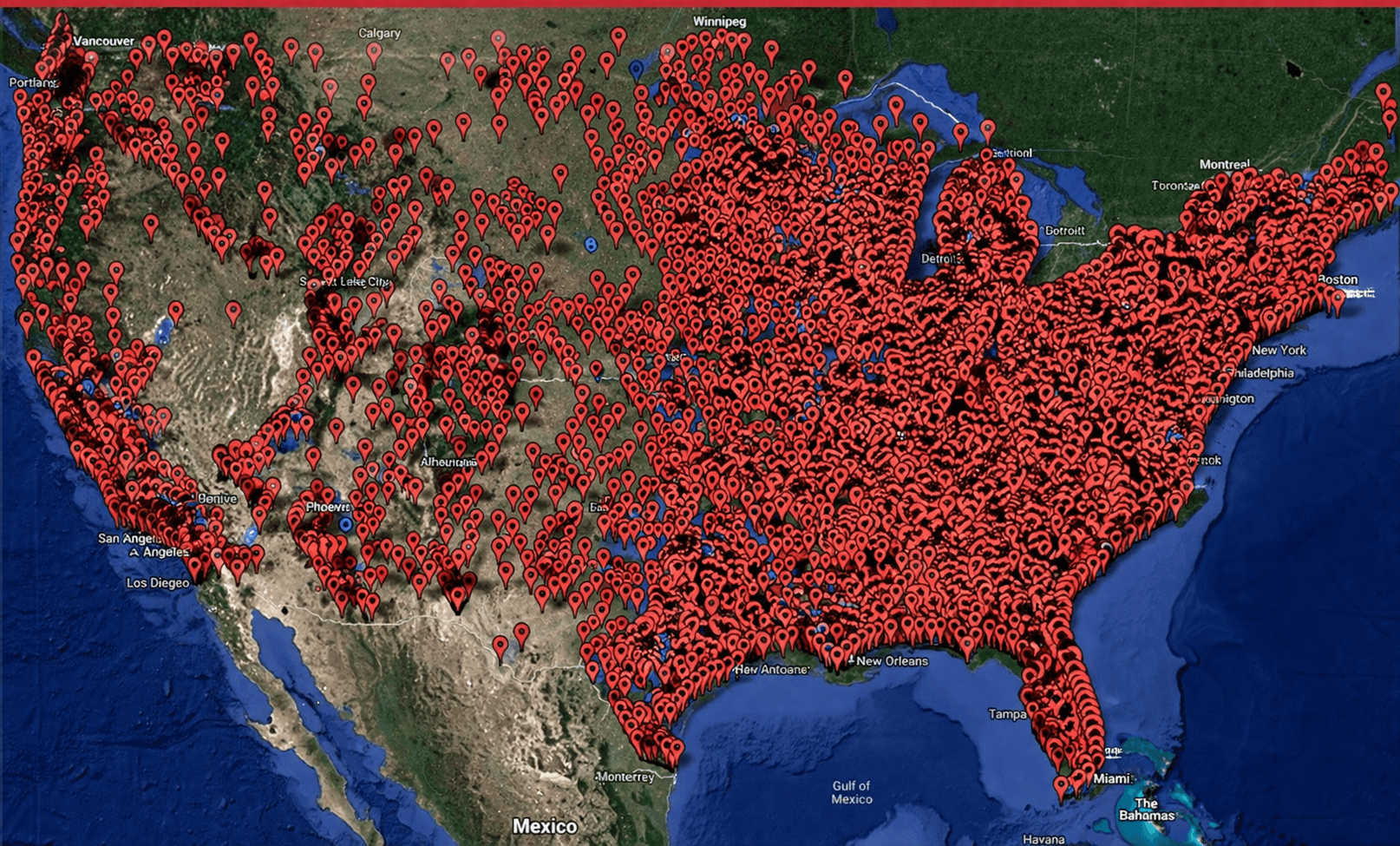 Map of the United States dense with markers, each representing an IP address tied to offenders trading child sexual abuse material
